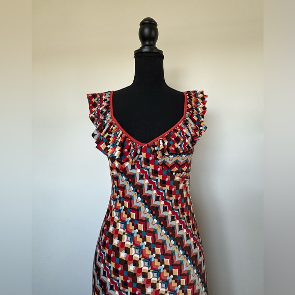 Vintage Midi Dress Hot Kiss Retro Psychedelic Heart Print With Ruffle Straps M - Picture 3 of 14